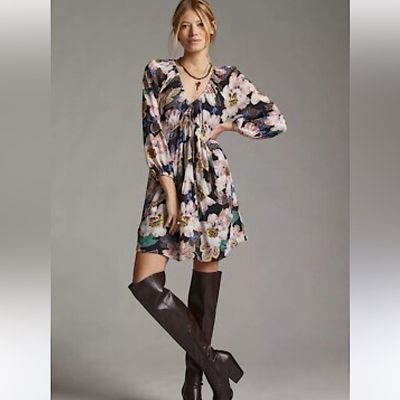 Anthropologie Floral Tiered Mini Dress XS Babydoll V-neck Tie 3/4 Sleeves Boho - Picture 1 of 10
